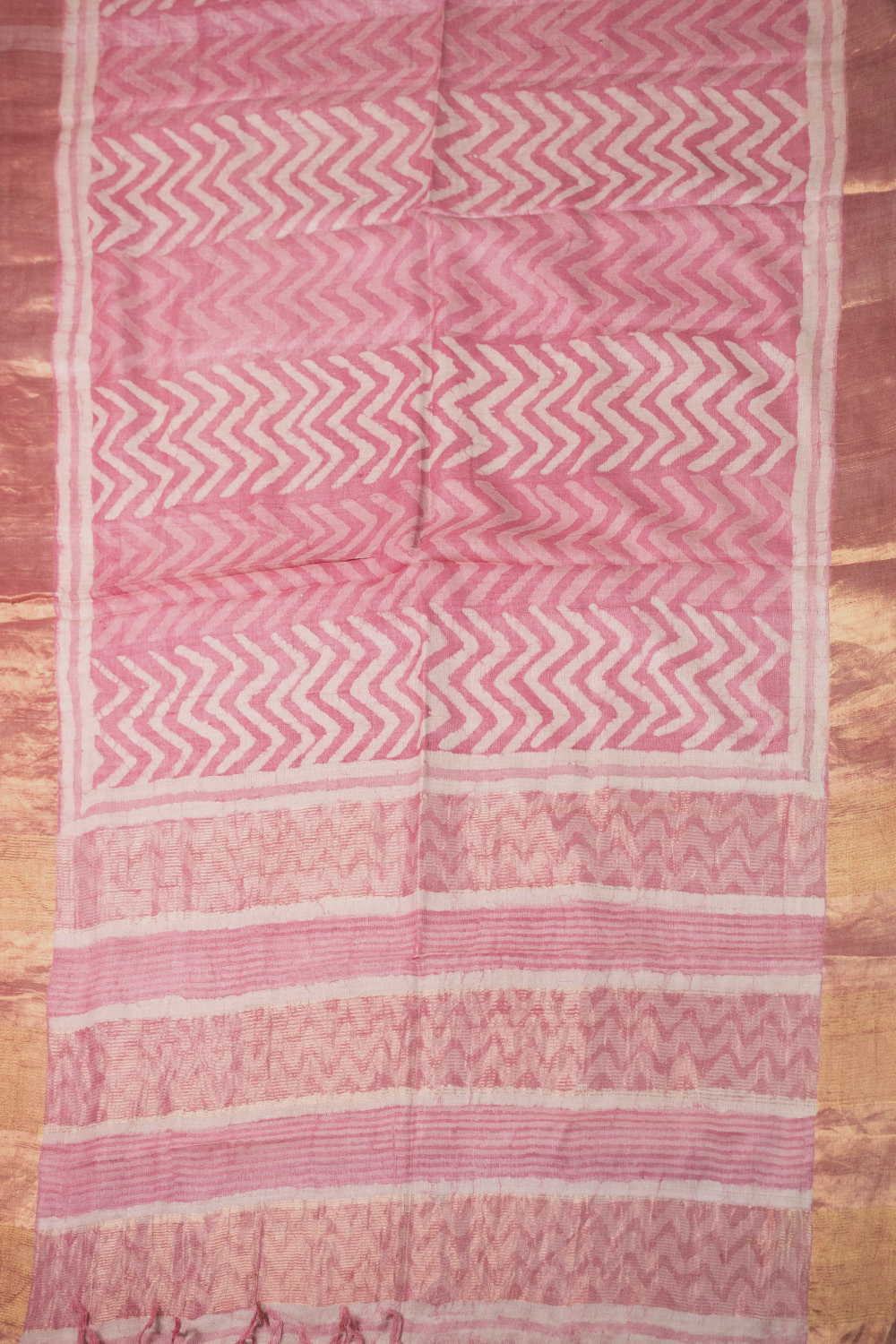 Chevron Pink Block Printed Tussar saree - Image 2