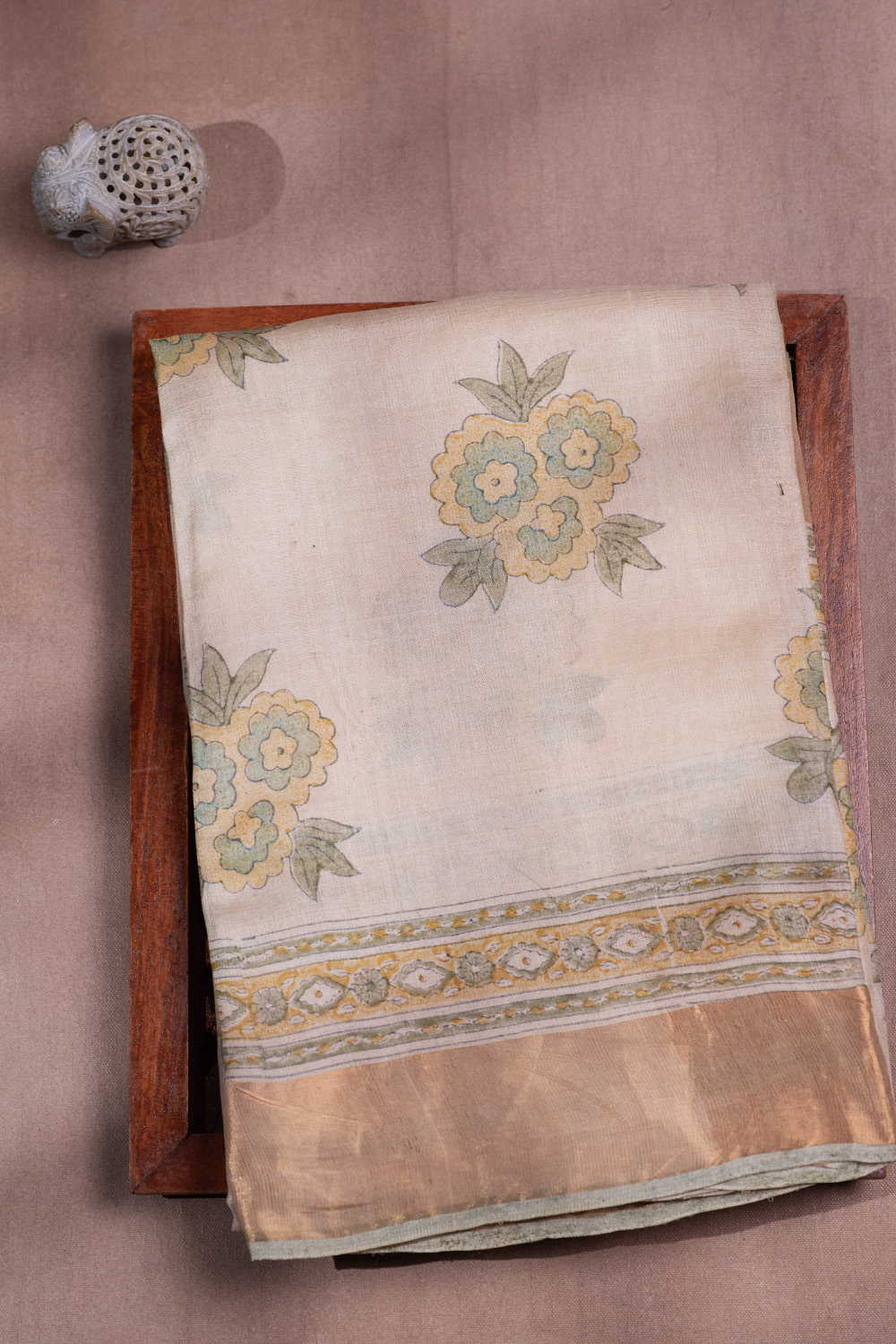 Creamy Blossom Block Printed Tussar saree