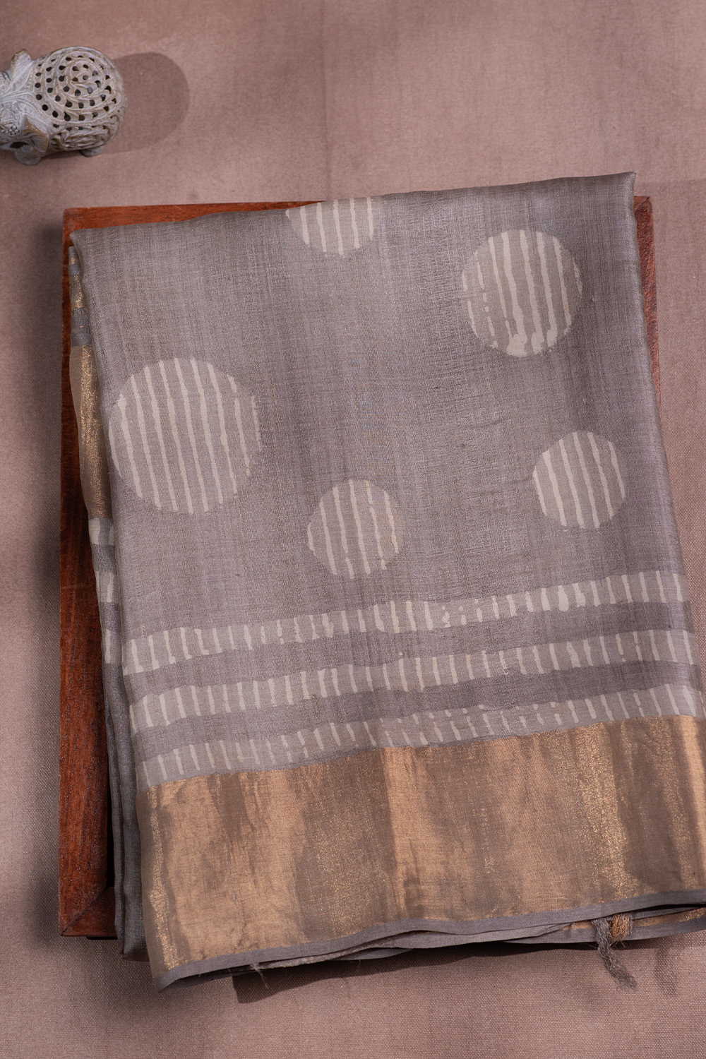 Creamy Grey Block Printed Tussar saree