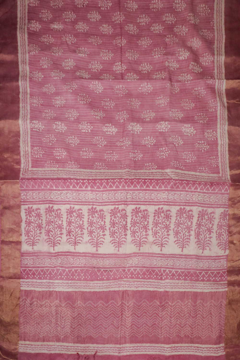 Flamingo Pink Block Printed Tussar saree - Image 3