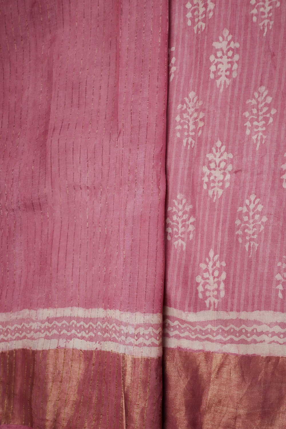 Flamingo Pink Block Printed Tussar saree - Image 4
