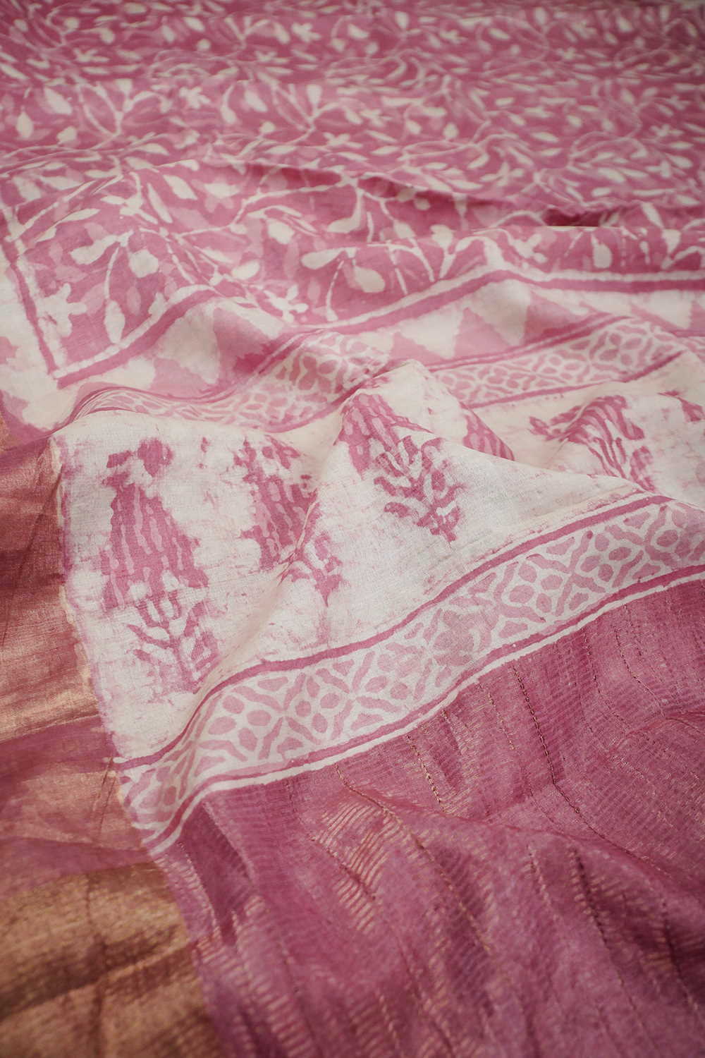 Pink Garden Block Printed Tussar saree - Image 3