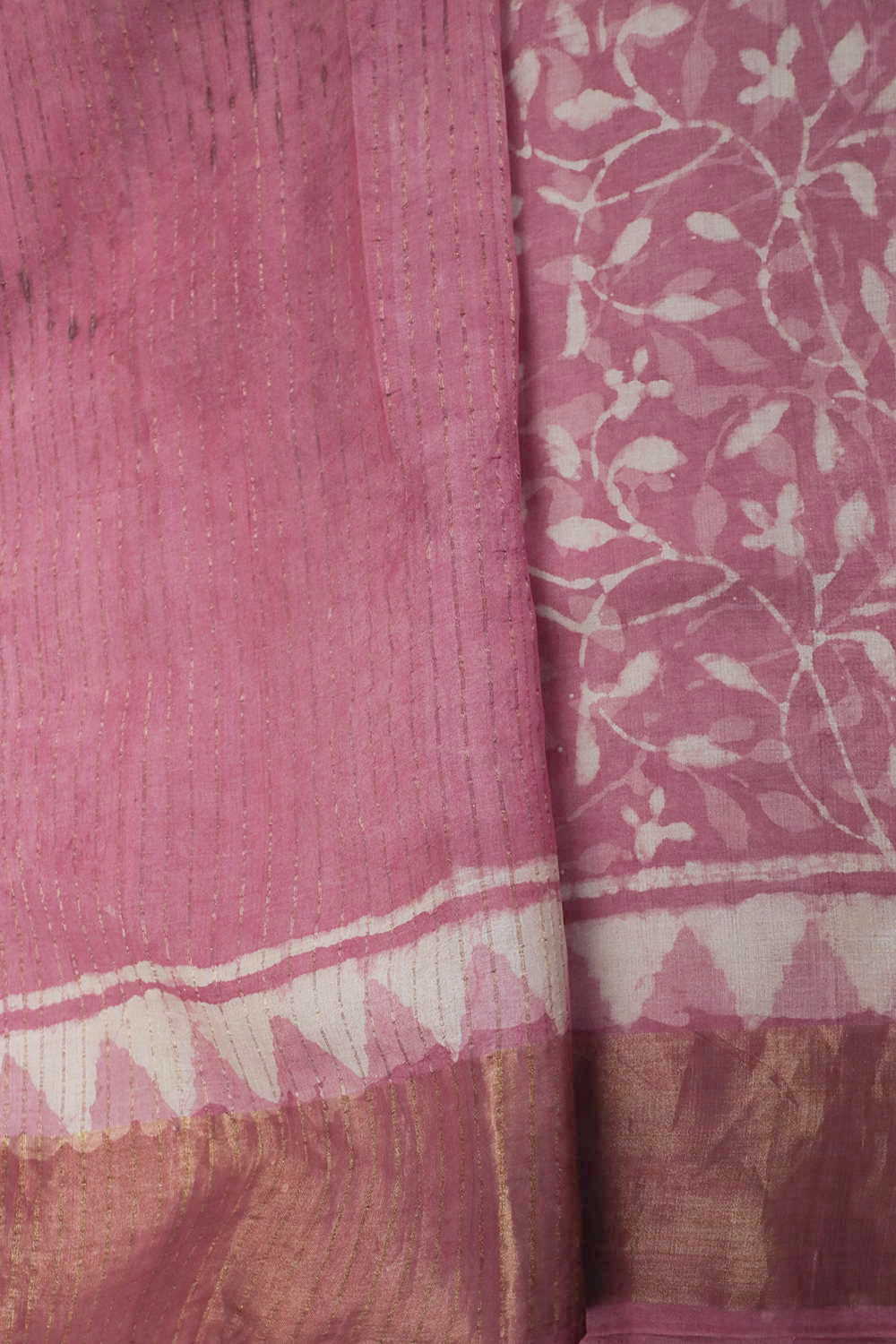 Pink Garden Block Printed Tussar saree - Image 4