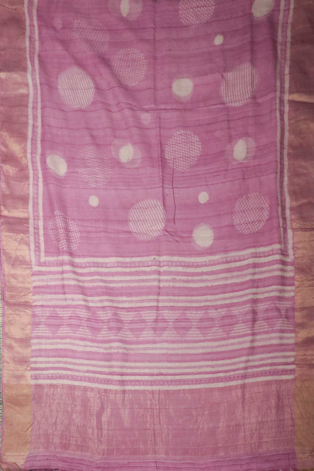 Bubble-gum Pink Block Printed Gicha Tussar saree - Image 3