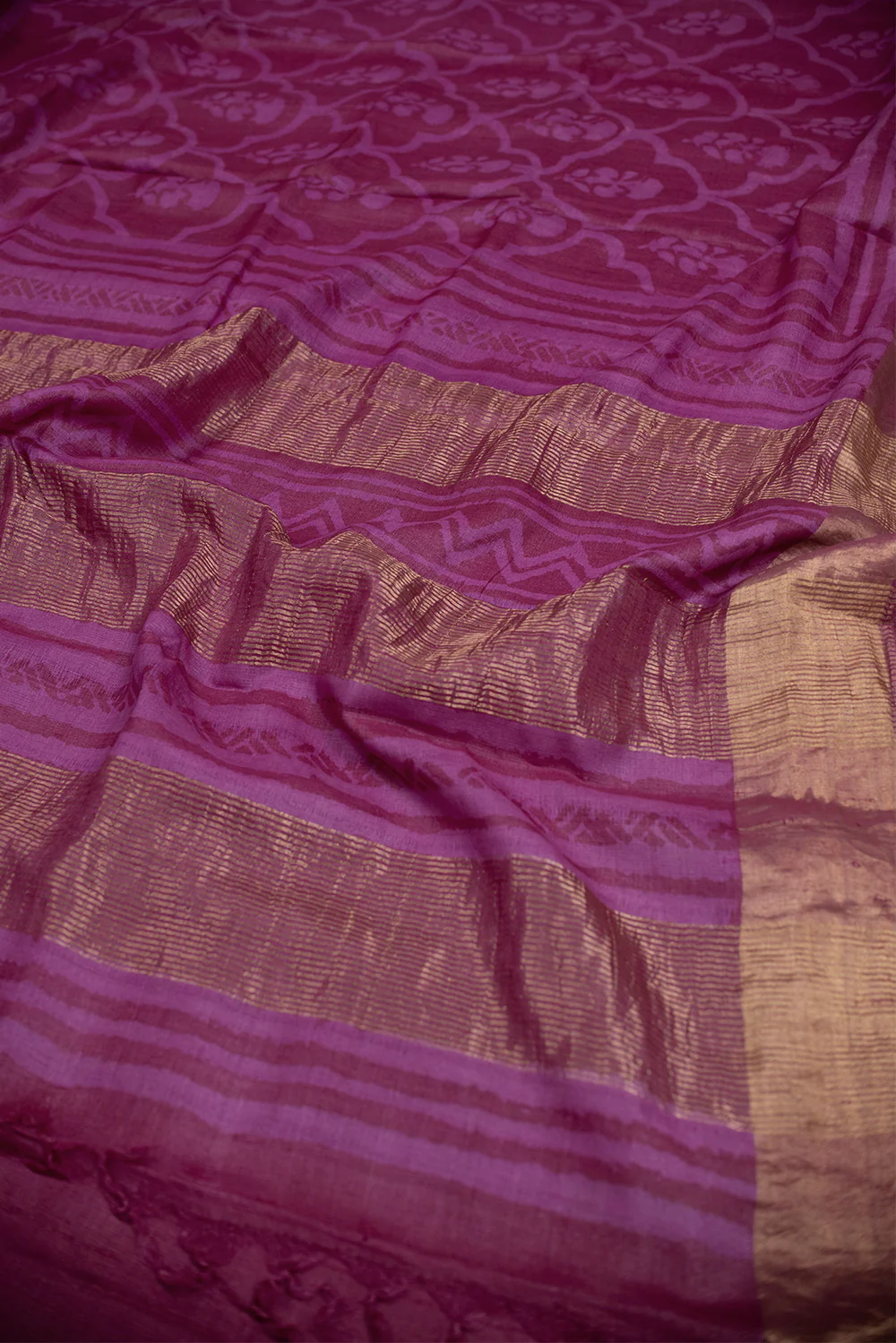 Pink Pattern on Maroon Block Printed Tussar Saree - Image 3