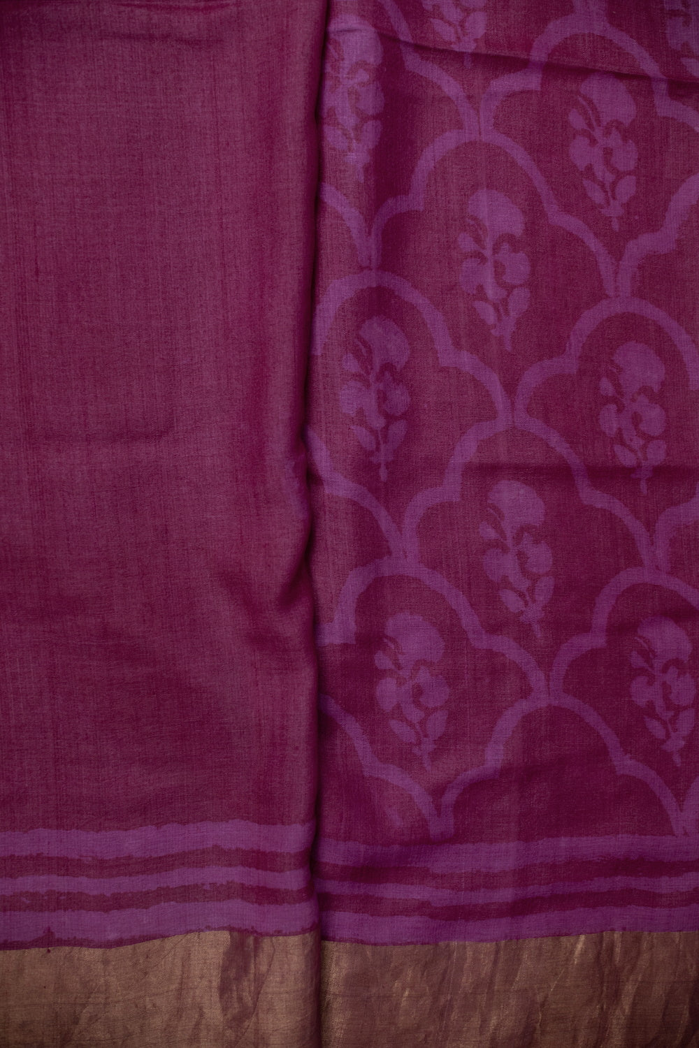 Pink Pattern on Maroon Block Printed Tussar Saree - Image 4