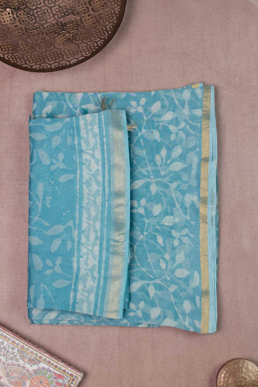 Leafy Floral - Blue Chanderi Silk Cotton Top & Dupatta