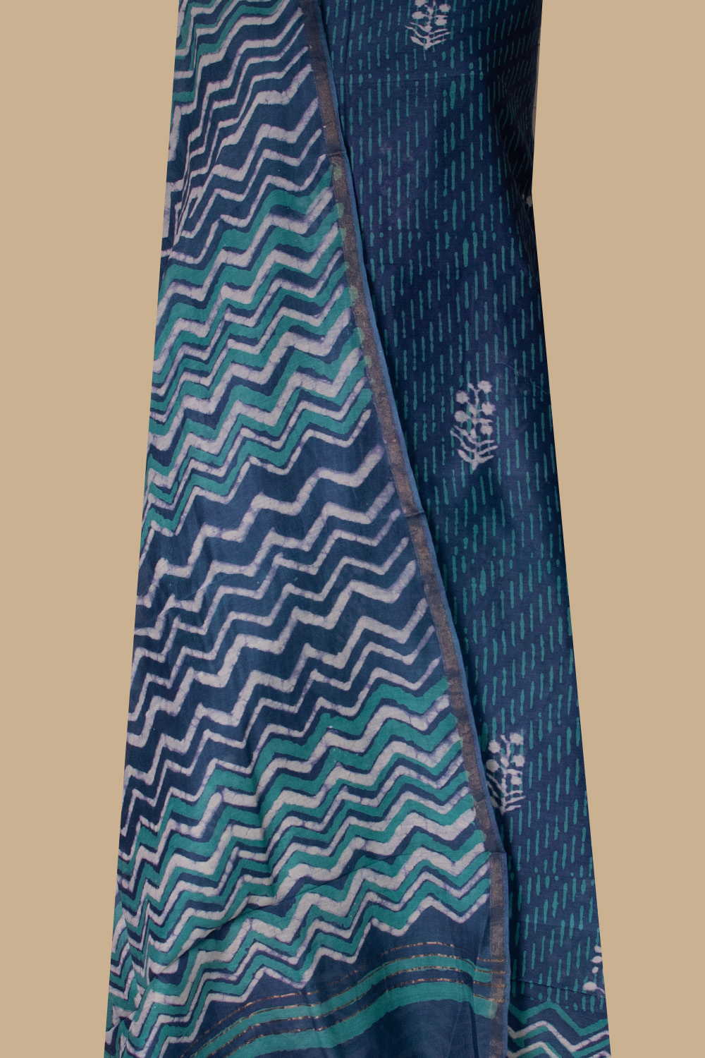 Cream Butta - Blue Green Chanderi Silk Cotton Top & Dupatta