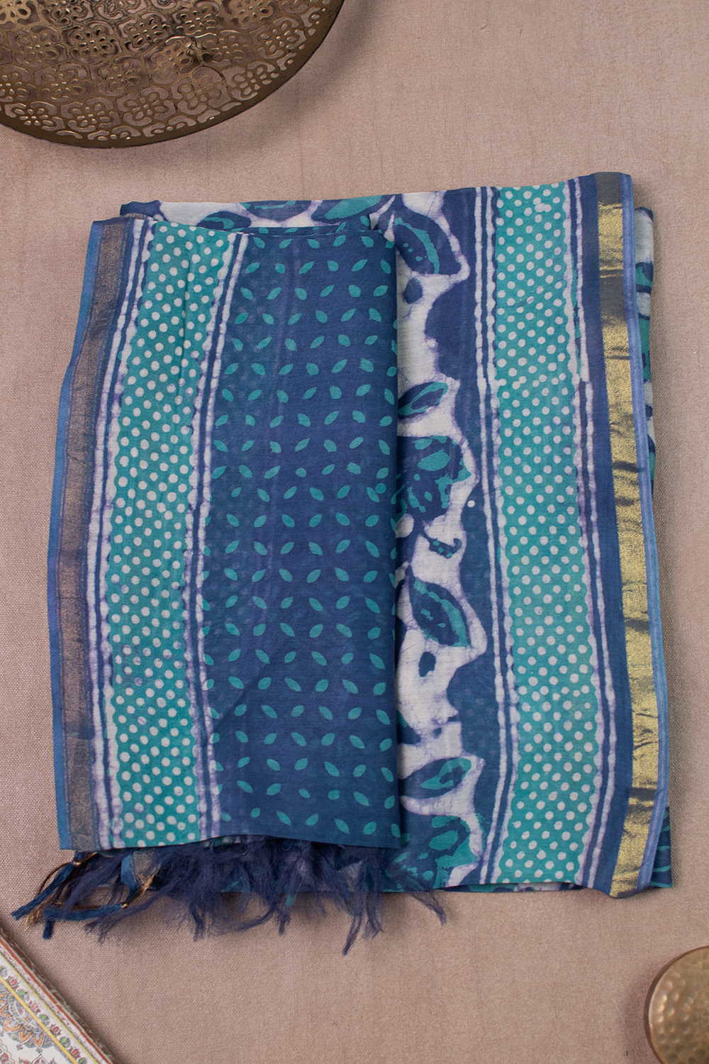Blue Floral Garden Chanderi Silk Cotton Top & Dupatta - Image 2