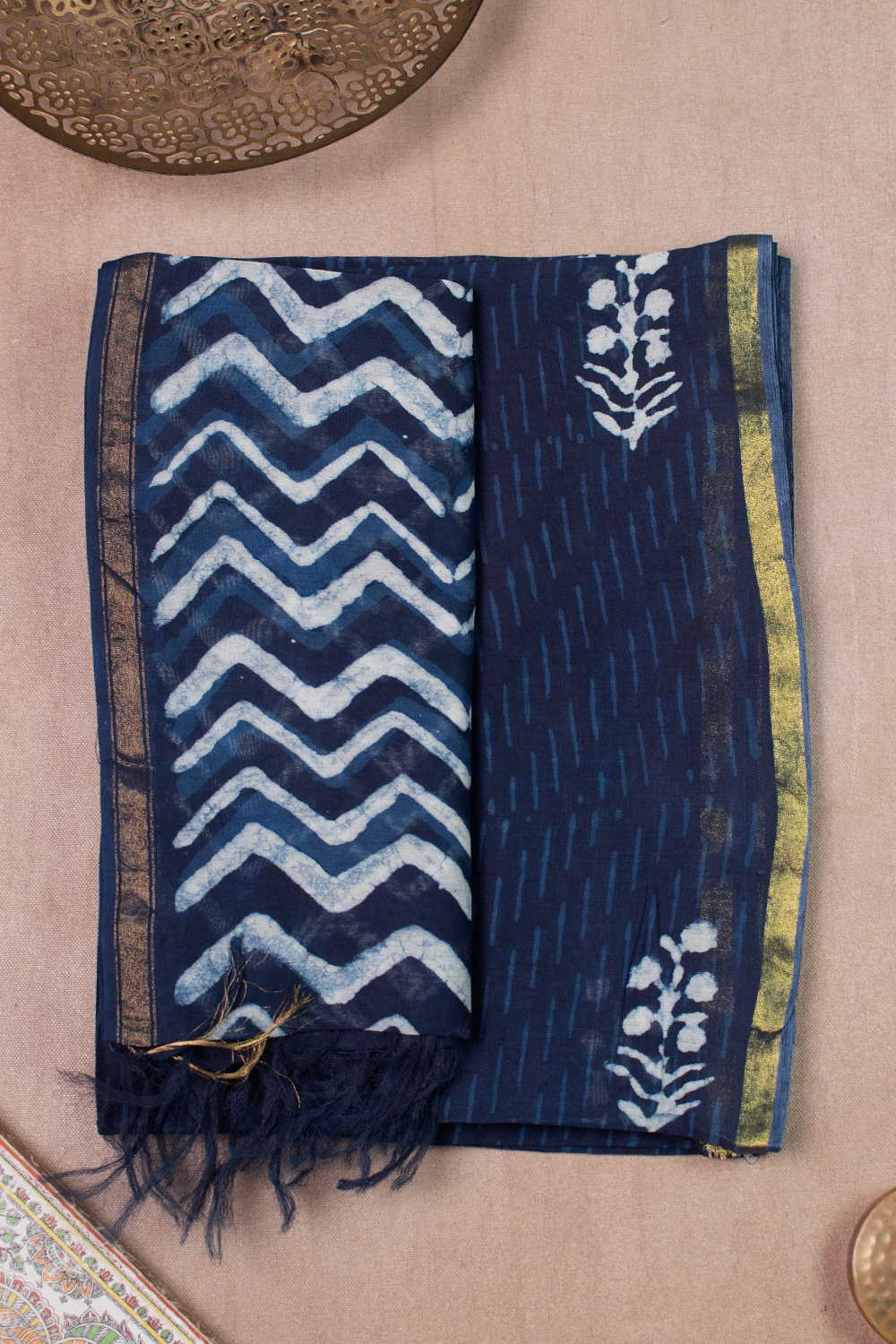 Deep Indigo Chanderi Silk Cotton Top & Dupatta - Image 2