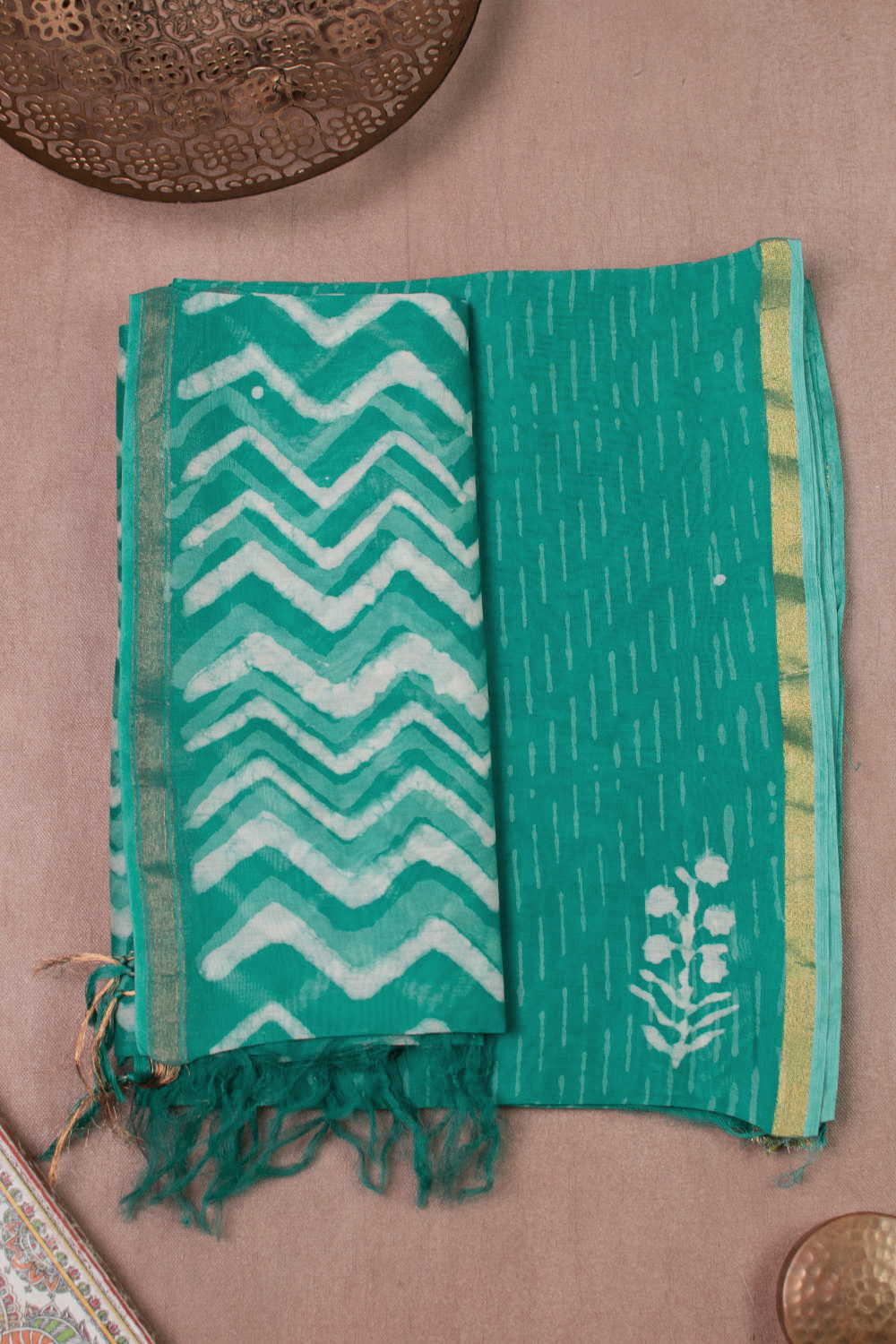 Bright Green Chanderi Silk Cotton Top & Dupatta - Image 2