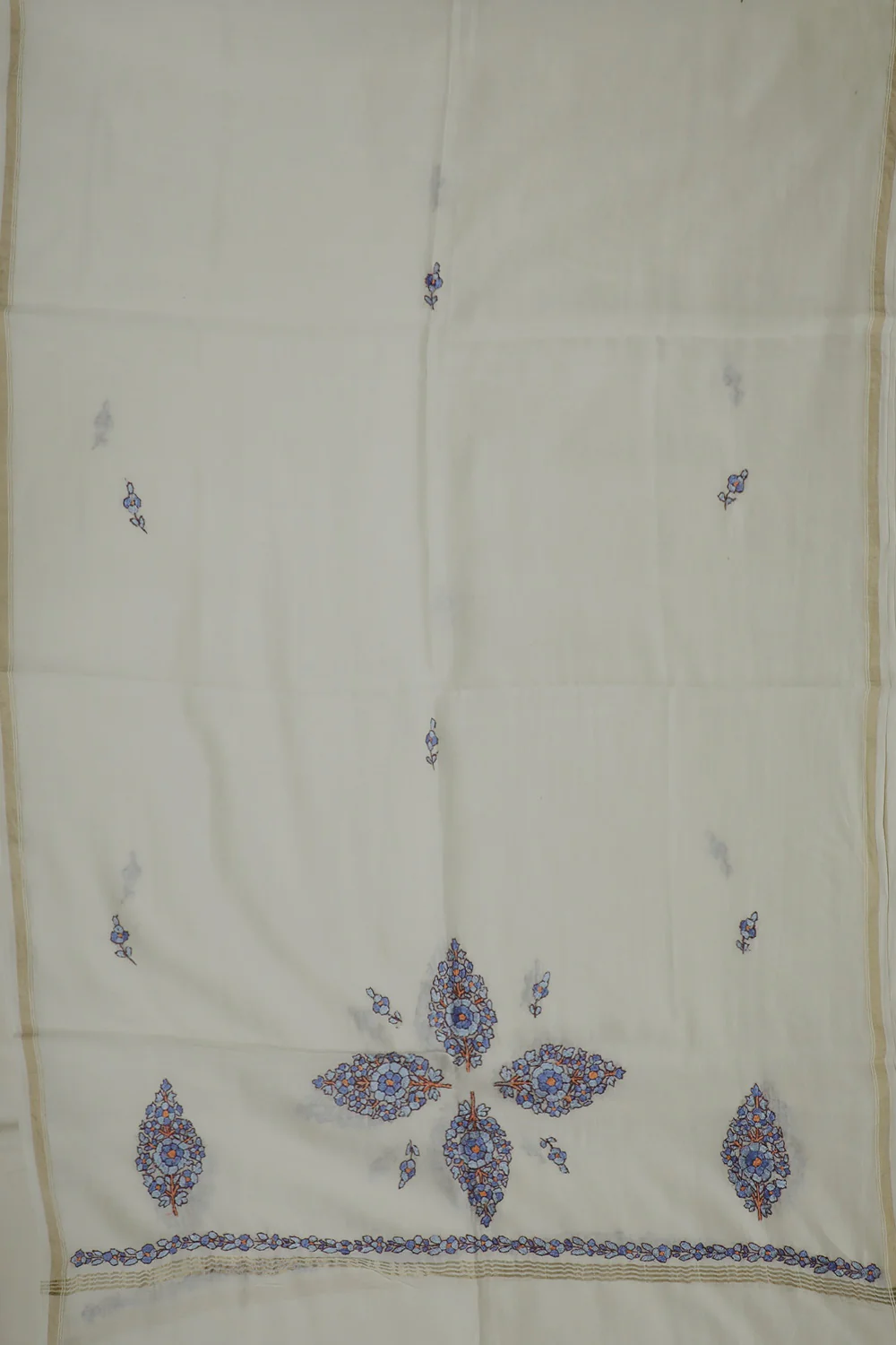 Tiny Floral on Off-White Hand Embroidered Chanderi Dupatta - Image 3