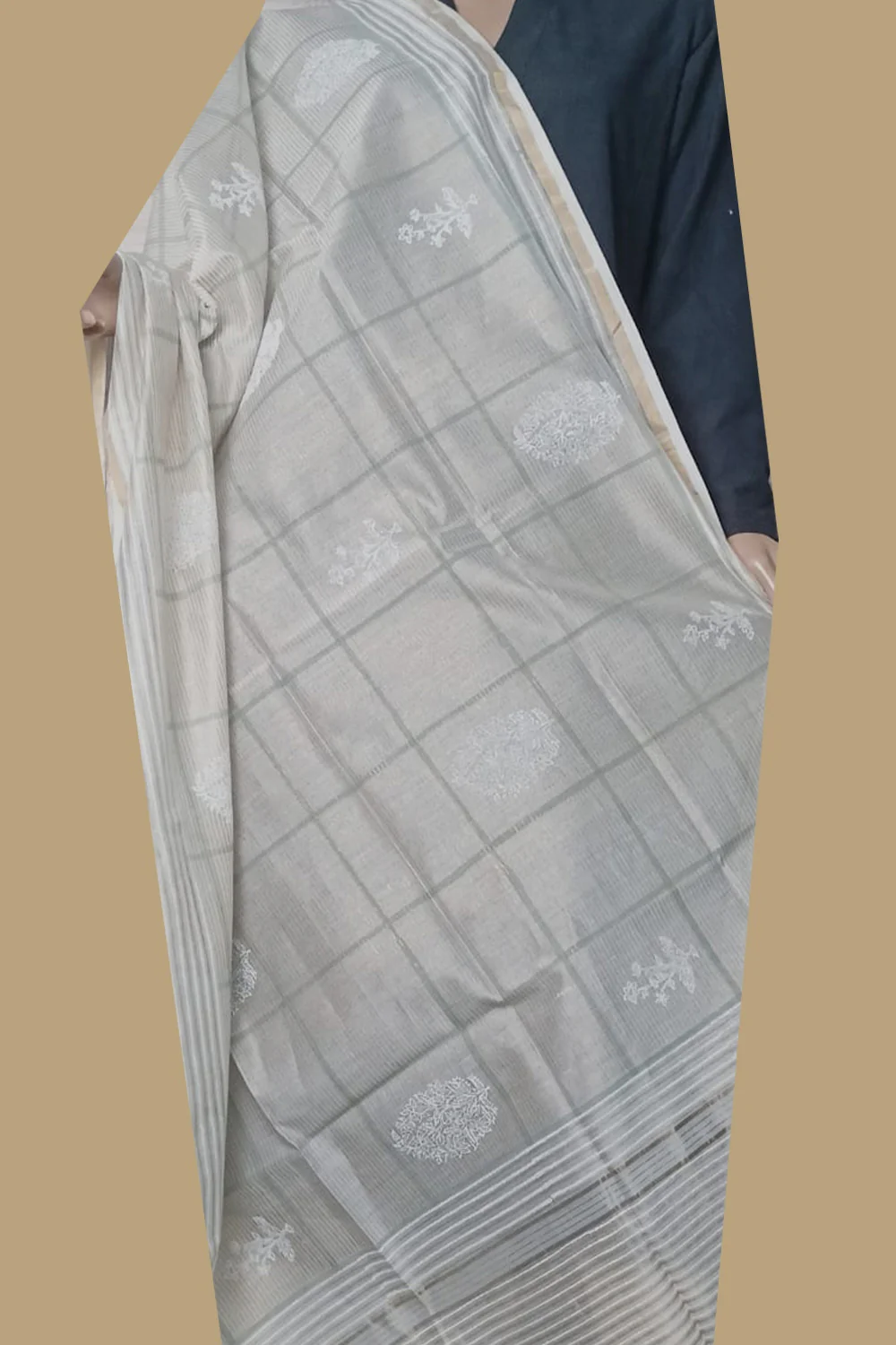 Broad Checks - Cream Chanderi Silk Cotton Dupatta