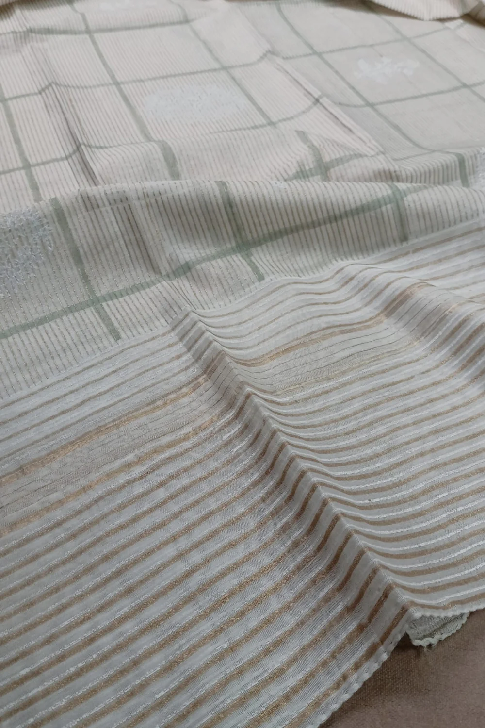 Broad Checks - Cream Chanderi Silk Cotton Dupatta - Image 3