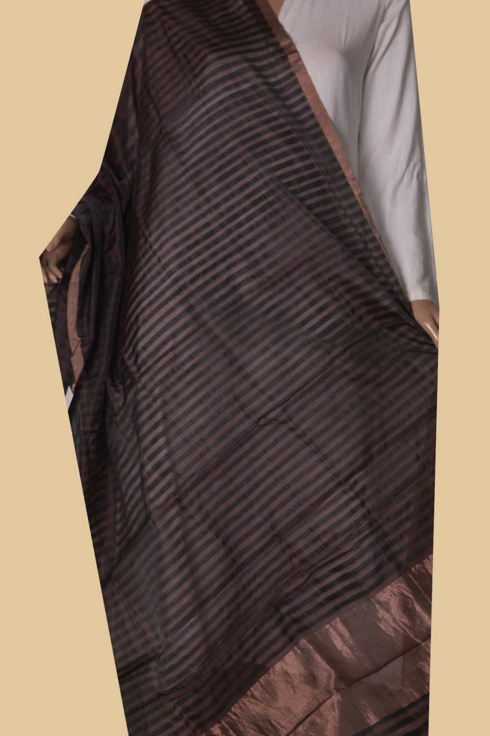 Grey & Brown Stripe Chanderi Silk Cotton Dupatta - Image 2