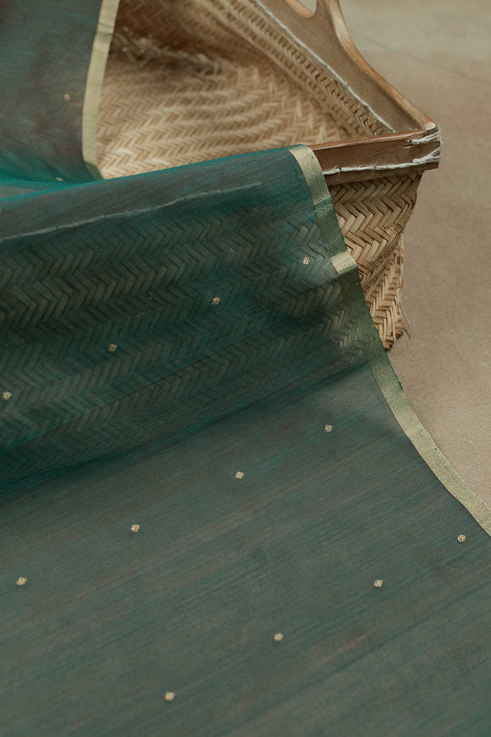 Tiny Gold Butta on Green Chanderi Silk Cotton Fabric - Image 3