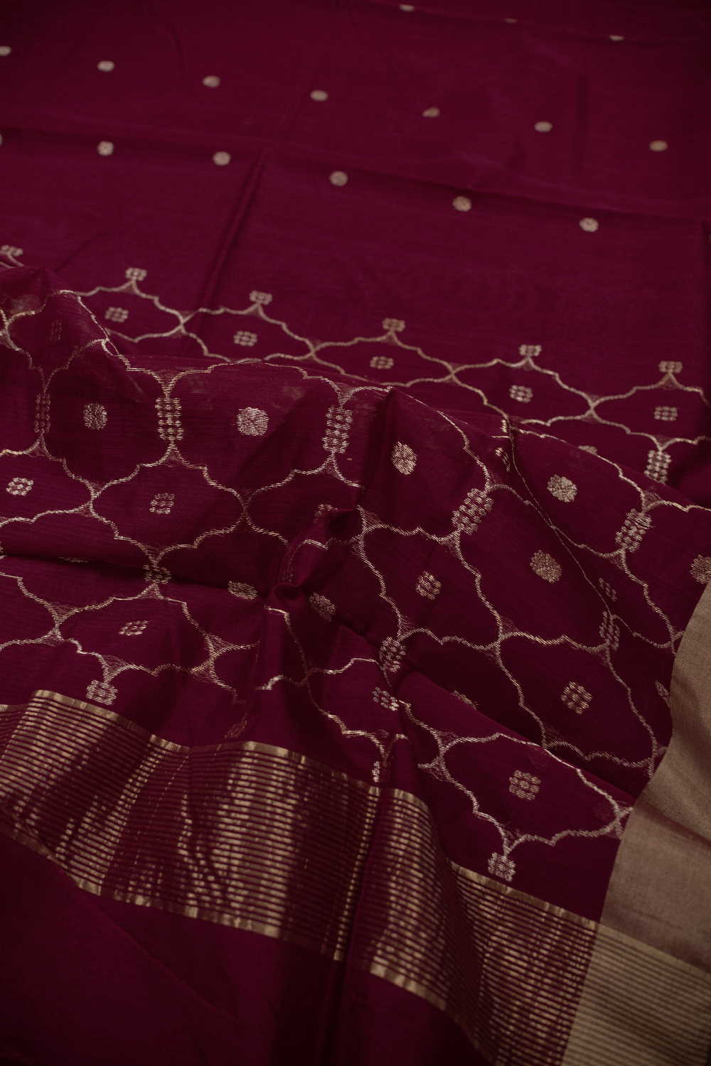 Gold Zari Border on Maroon Chanderi Silk cotton Saree - Image 3