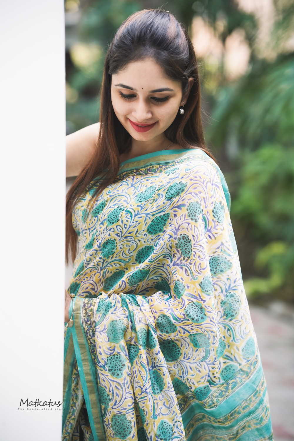 Green Floral on Yellow Chanderi Silk Cotton saree - Image 2