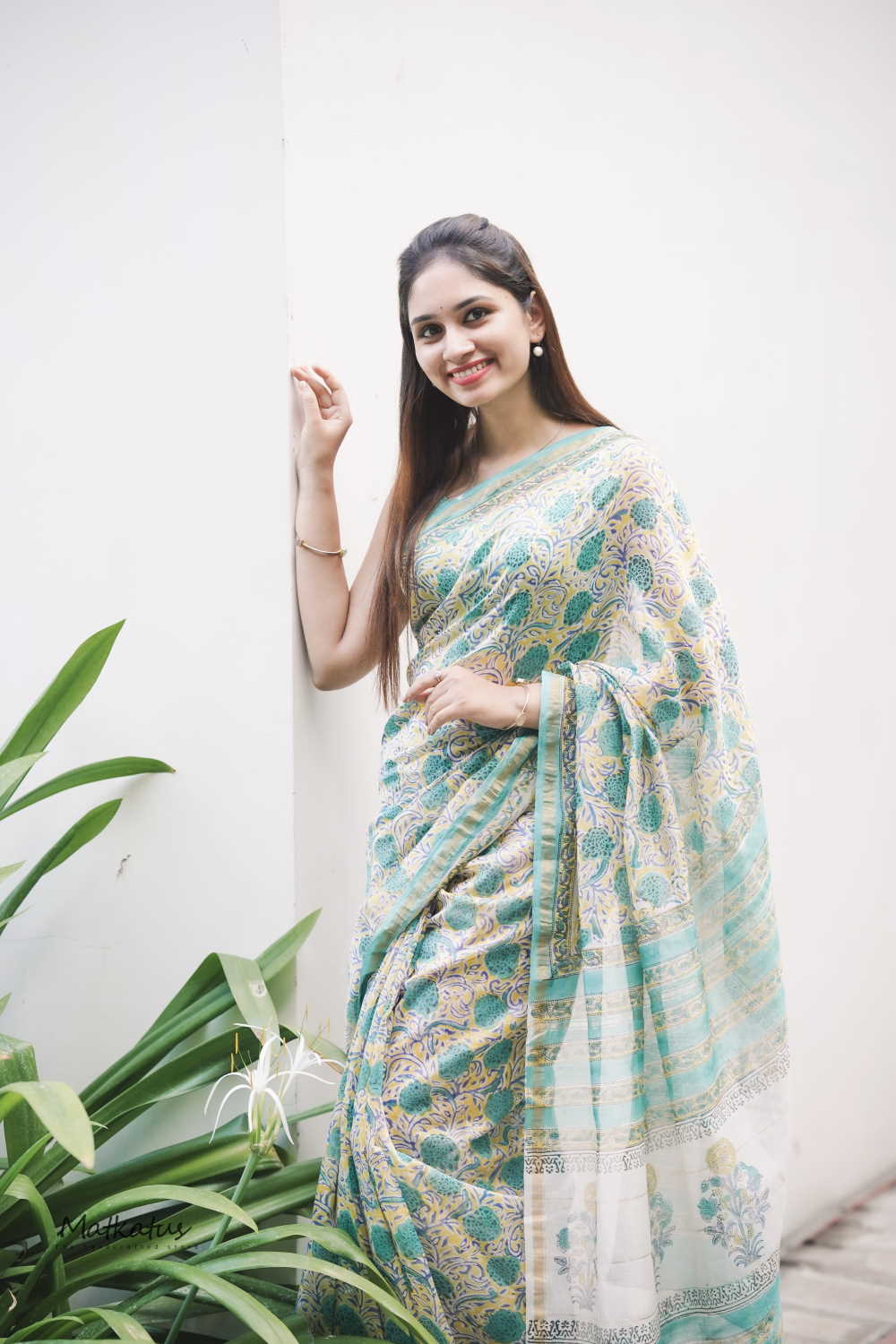 Green Floral on Yellow Chanderi Silk Cotton saree - Image 3