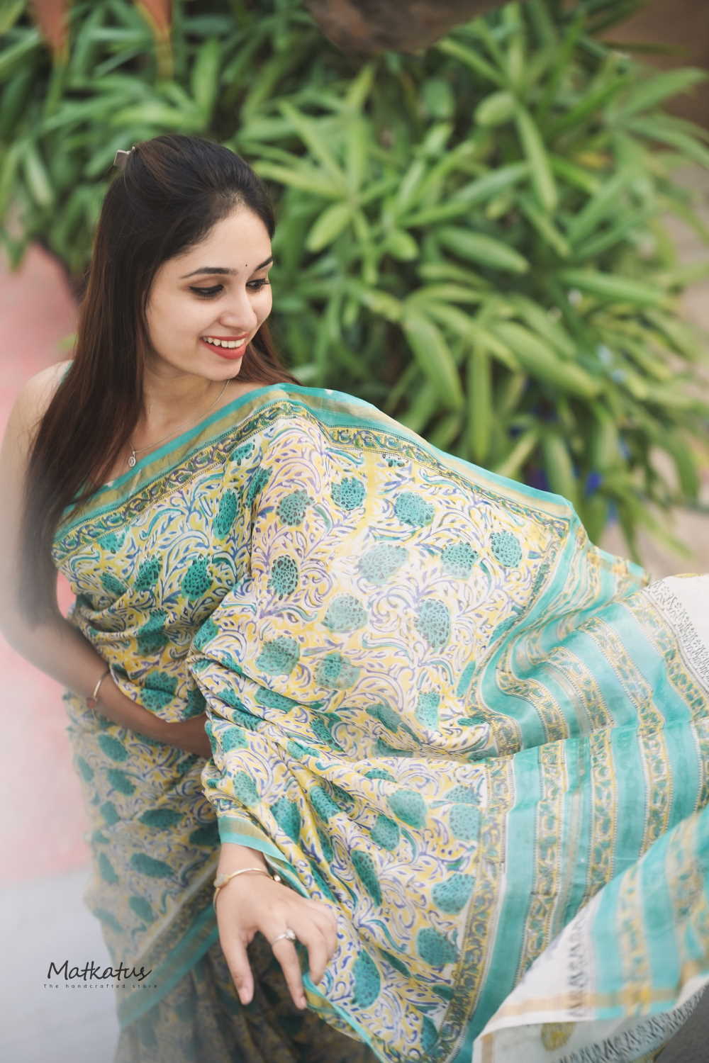 Green Floral on Yellow Chanderi Silk Cotton saree - Image 4