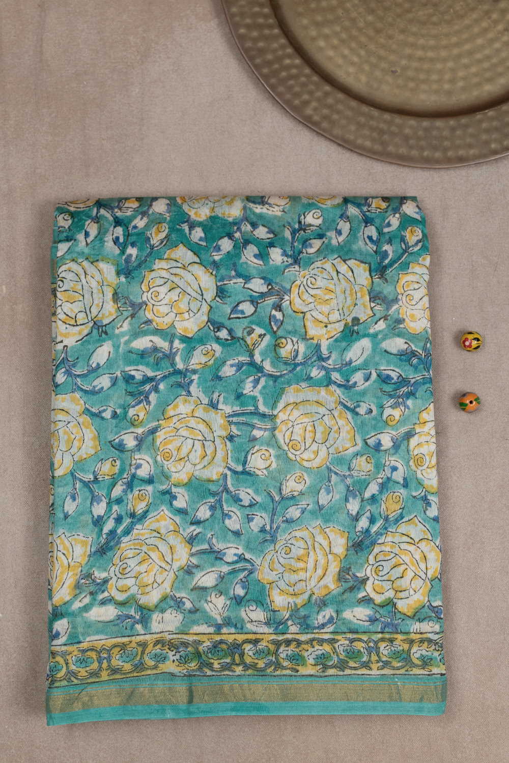 Yellow Floral on Green Chanderi Silk Cotton saree