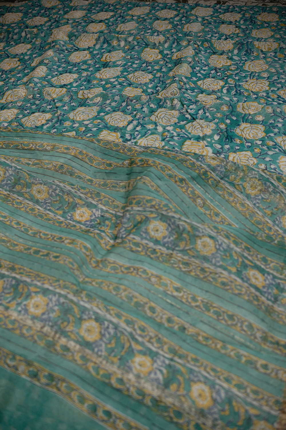 Yellow Floral on Green Chanderi Silk Cotton saree - Image 3