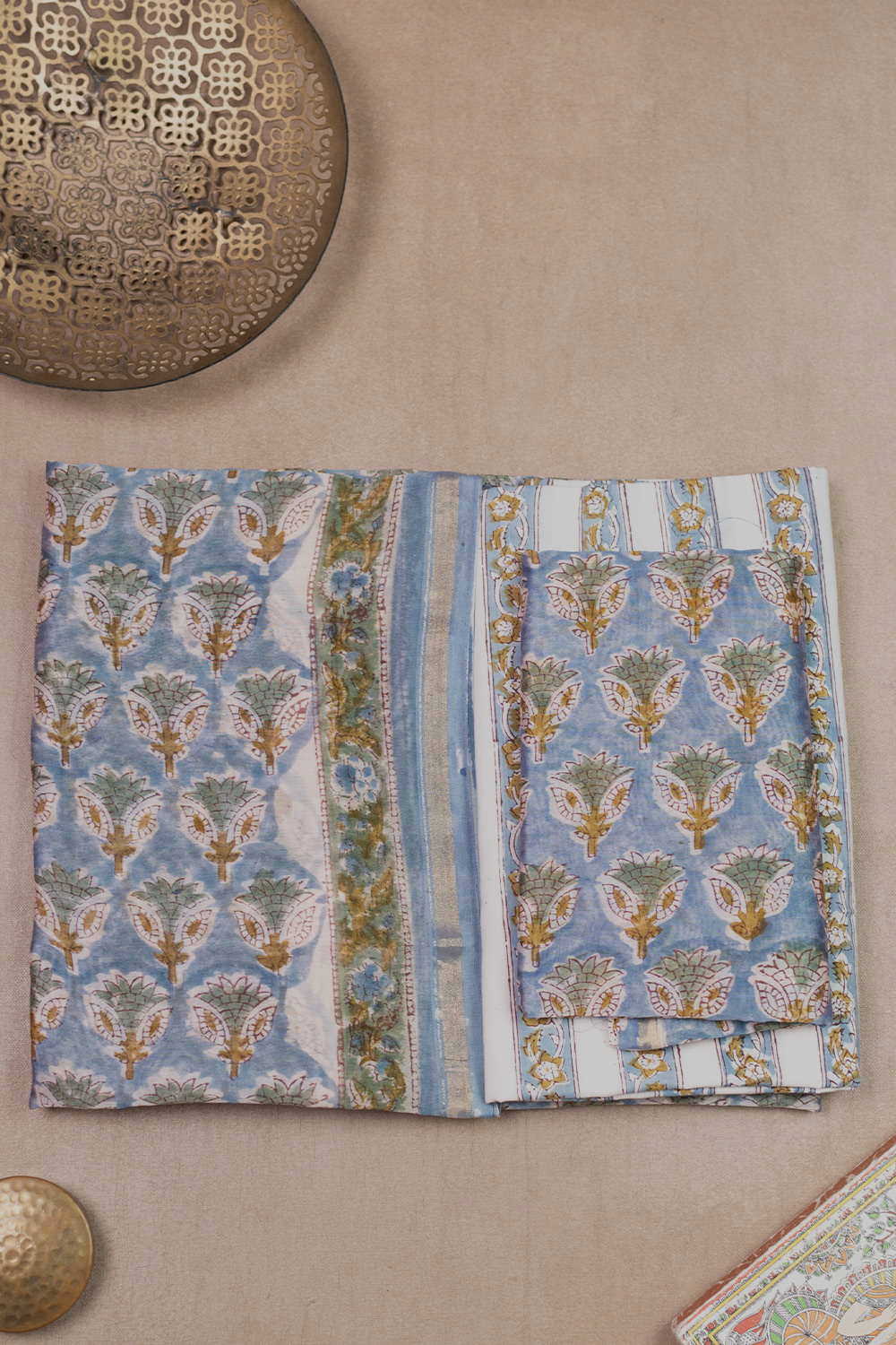 Green Motifs on Blue Chanderi Silk Cotton Suit
