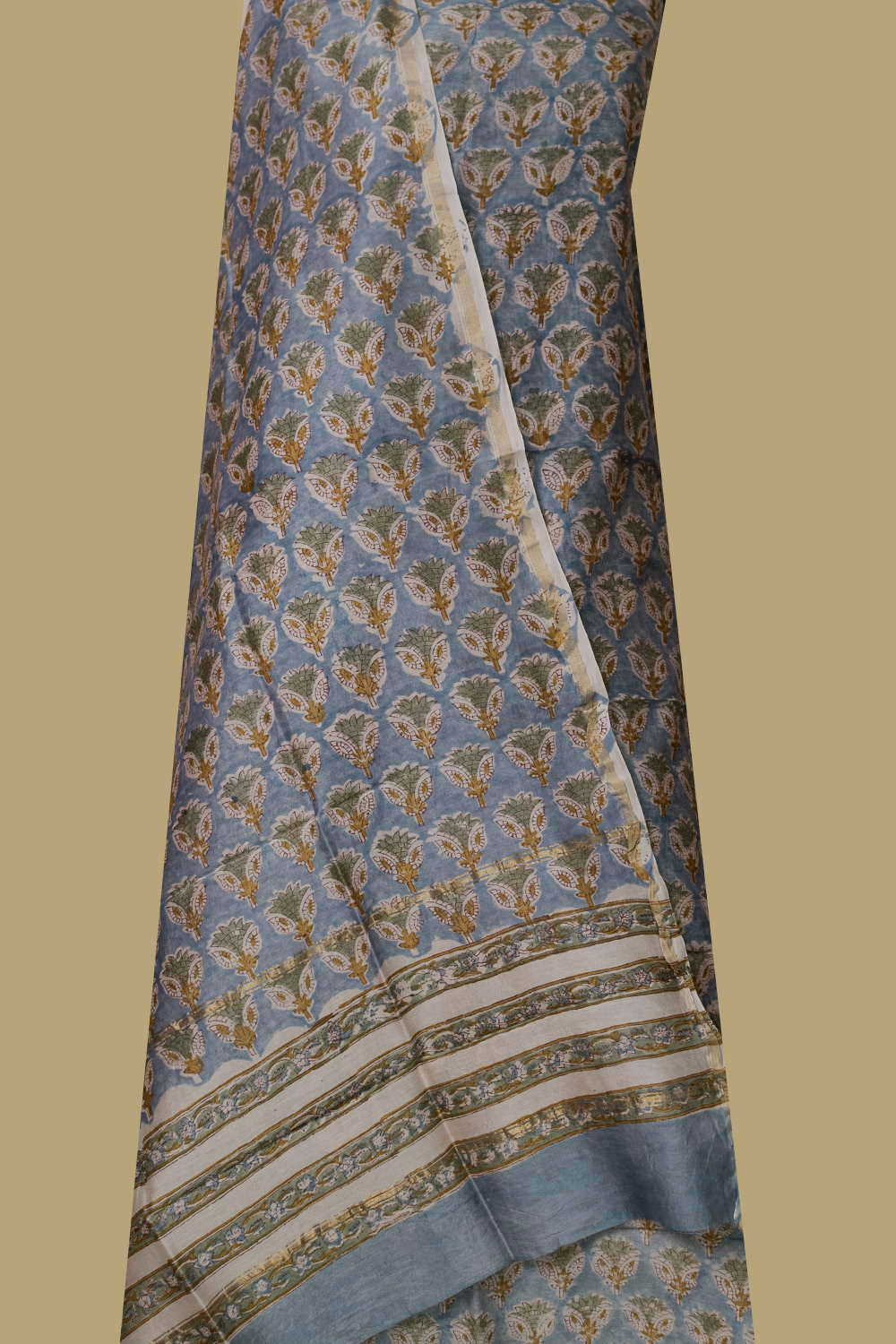 Green Motifs on Blue Chanderi Silk Cotton Suit - Image 3