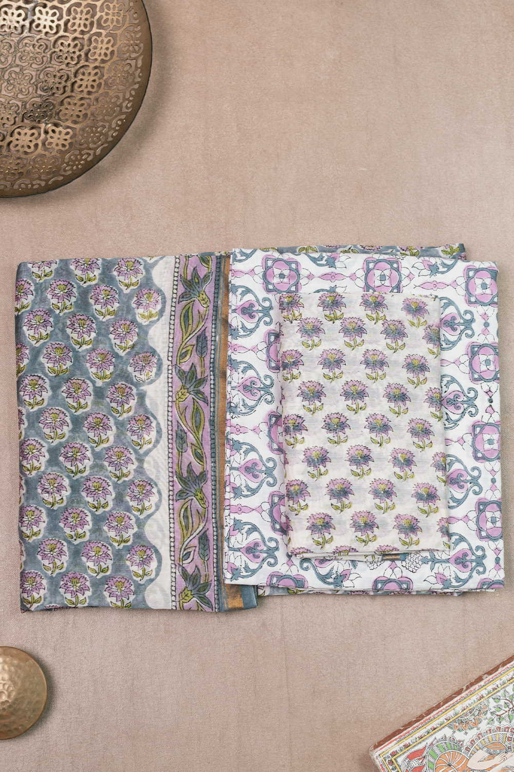 Pink Florets on Grey Chanderi Silk Cotton Suit
