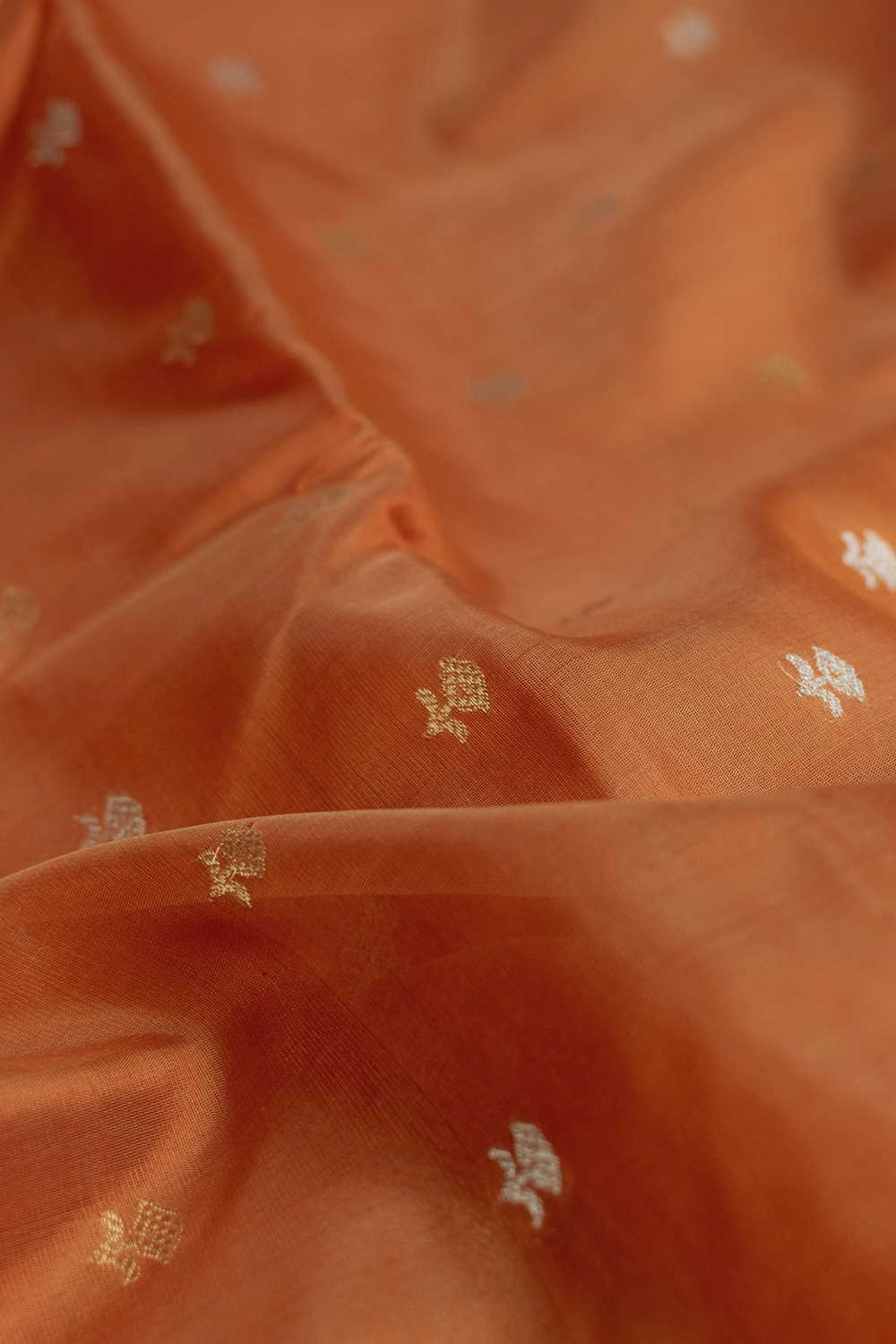 Royal Orange - Silver & Gold Zari Butta Chanderi Silk Fabric - Image 3