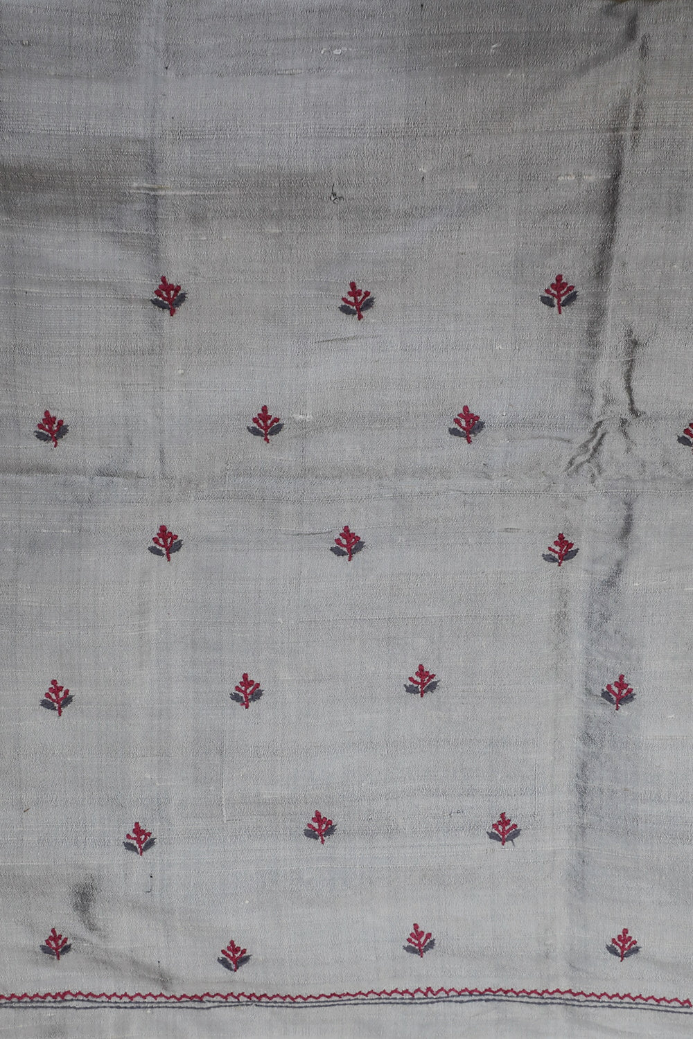 Pink Florals on Grey Chikankari Raw Silk Kurta Fabric - Image 3