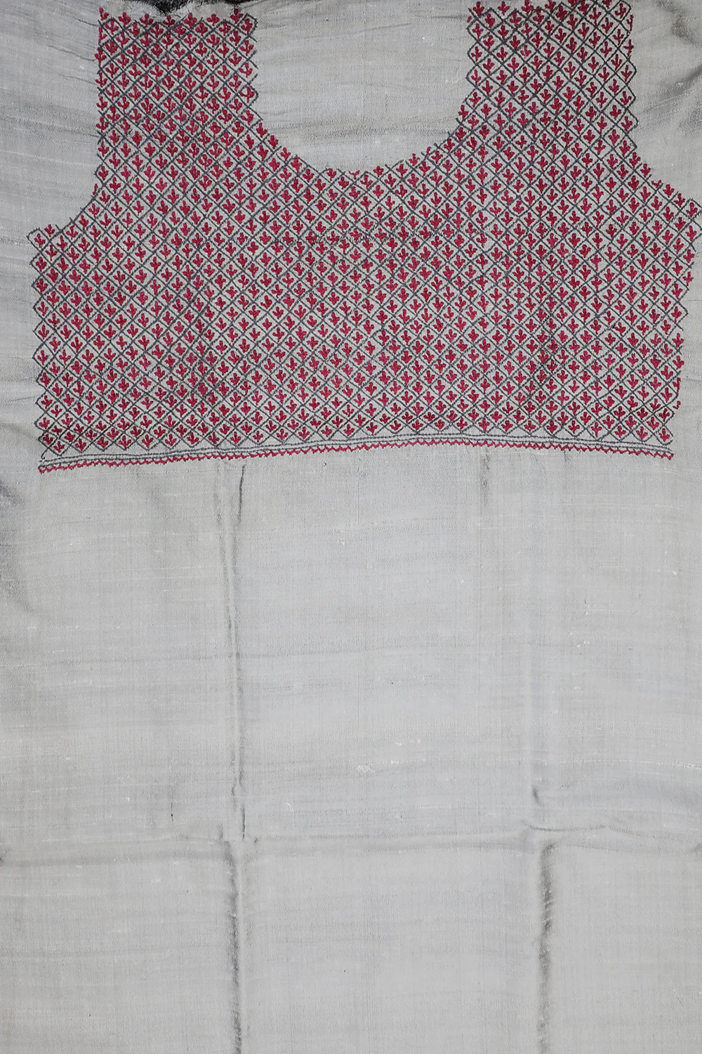 Pink Florals on Grey Chikankari Raw Silk Kurta Fabric - Image 4