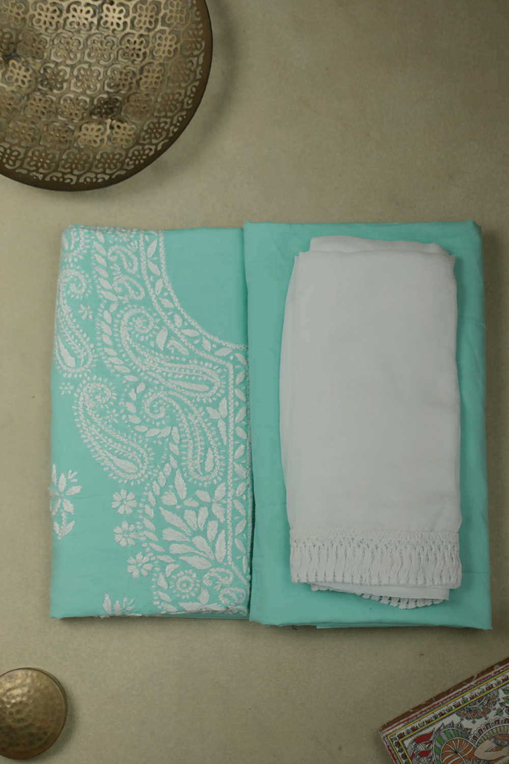 Cream Floral on Green Chikankari Cotton Full Suit