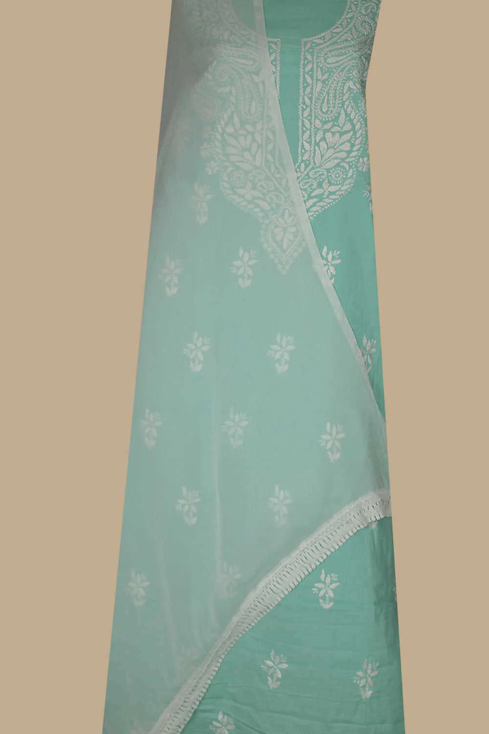 Cream Floral on Green Chikankari Cotton Full Suit - Image 2