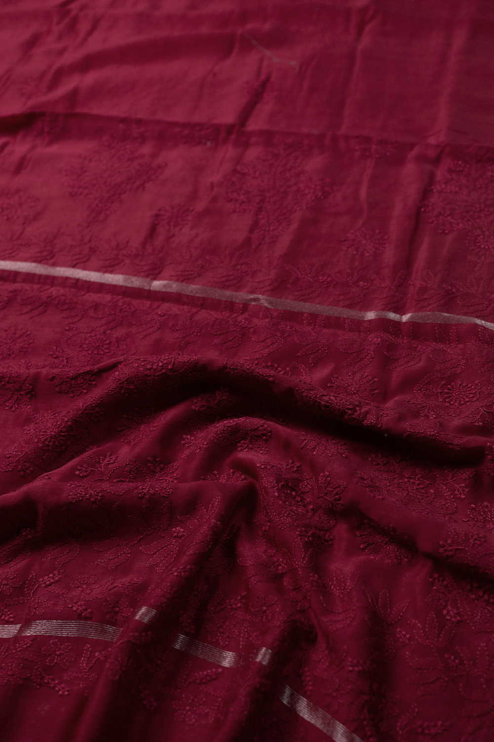 Burgundy Maroon Chikankari Silk Cotton saree - Image 3