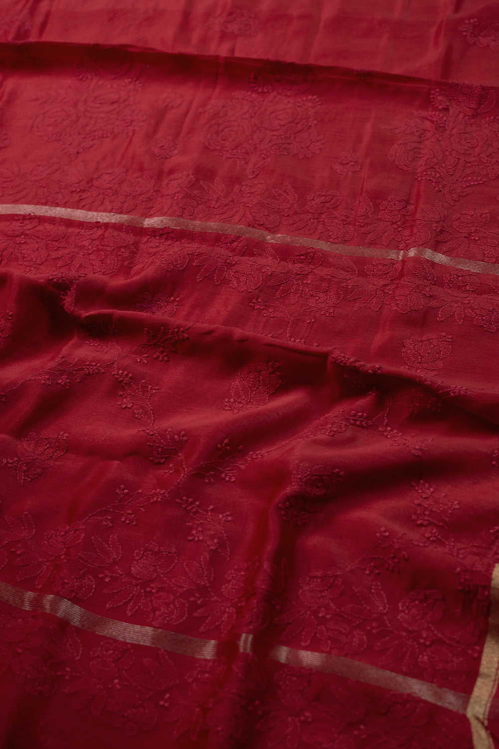 Bright Red Chikankari Silk Cotton saree - Image 3