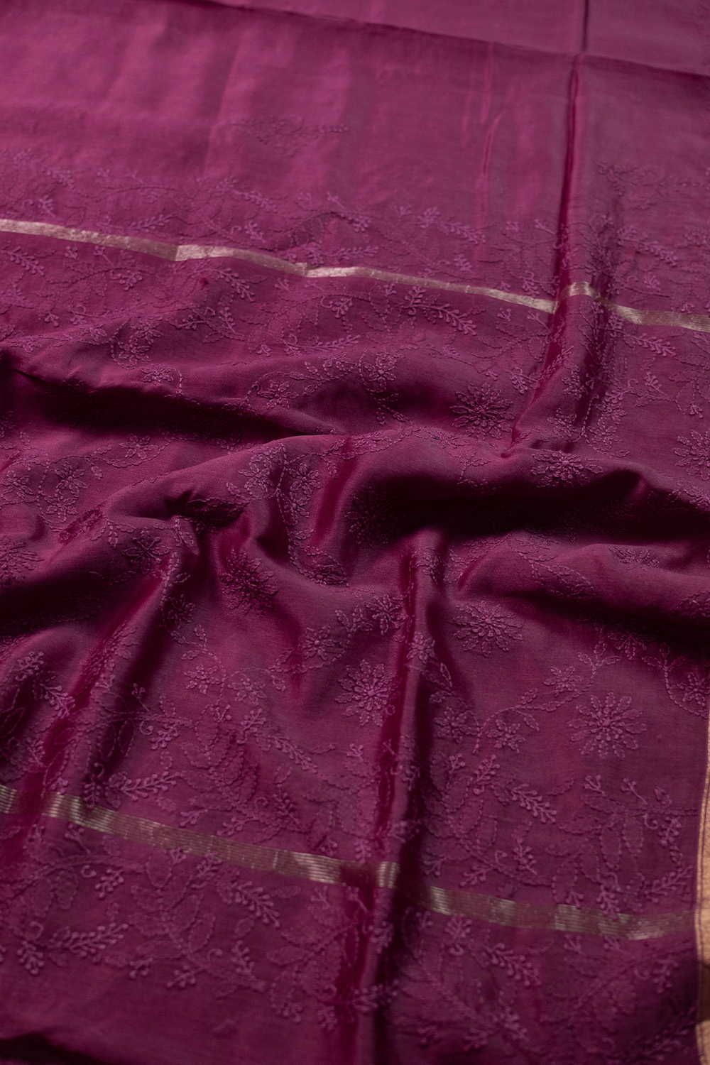 Shade of Grape Wine Chikankari Silk Cotton saree - Image 3