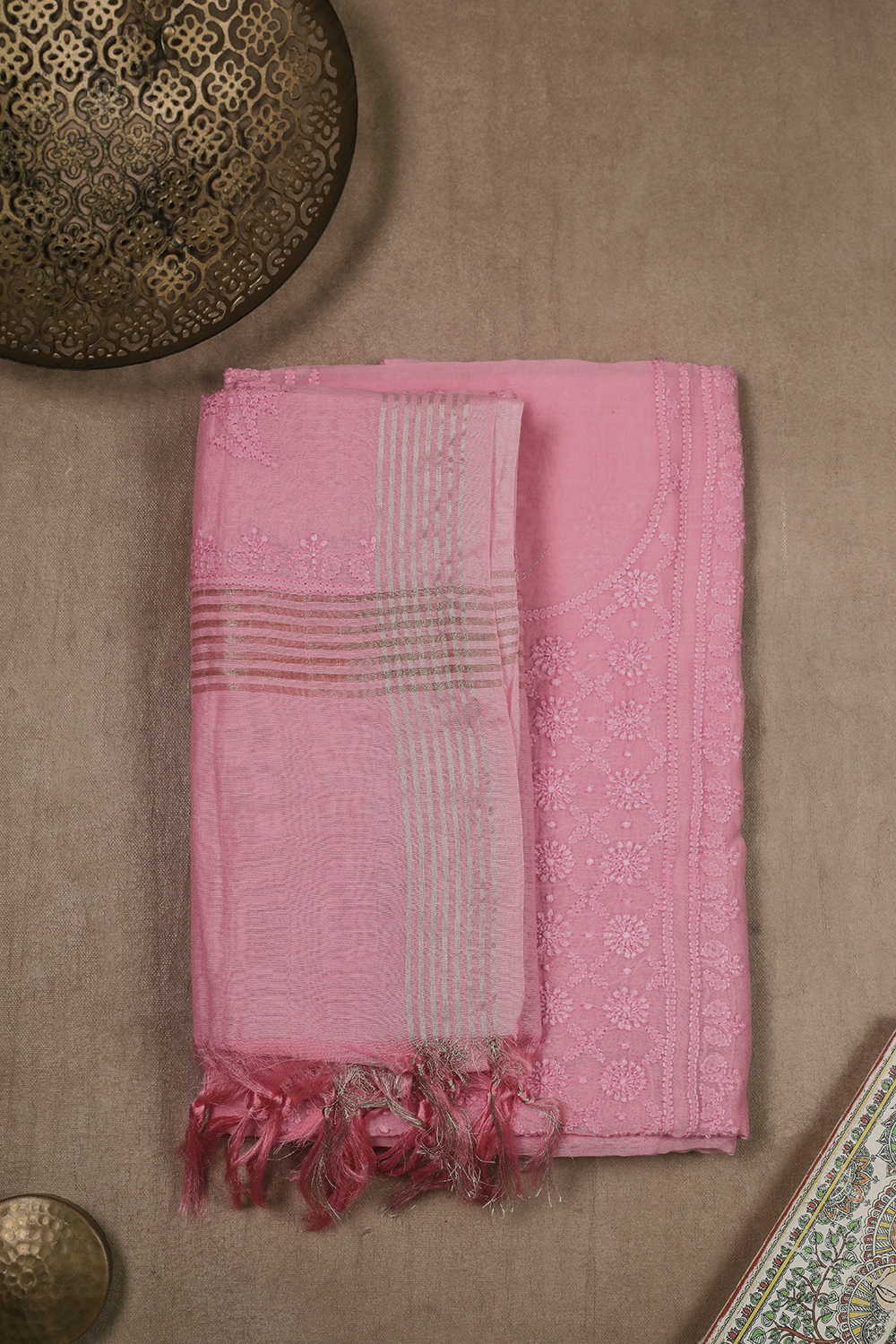 Flamingo Pink Chanderi Silk Cotton Top and Dupatta