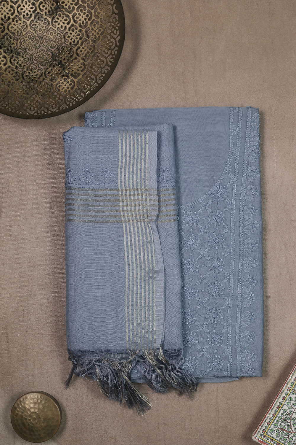 Greyish Blue Chanderi Silk Cotton Top and Dupatta