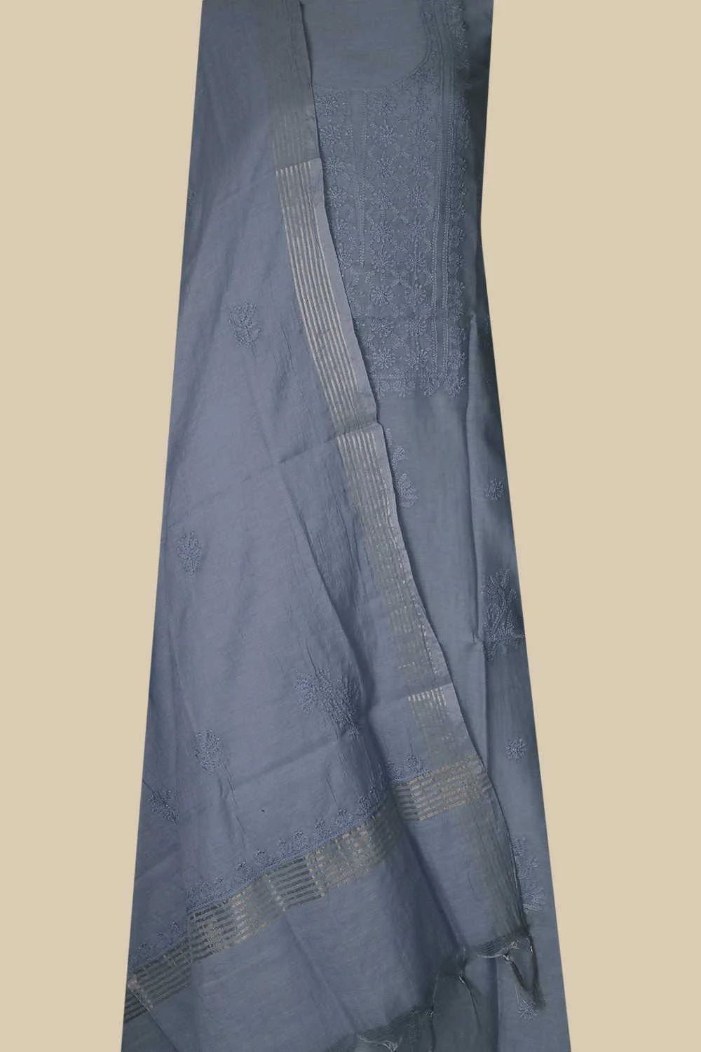 Greyish Blue Chanderi Silk Cotton Top and Dupatta - Image 2
