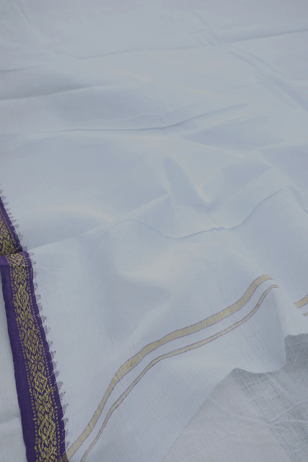 Blue Bordered Off-White Cotton Handwoven Dhoti with Ikat Shirt - Image 3