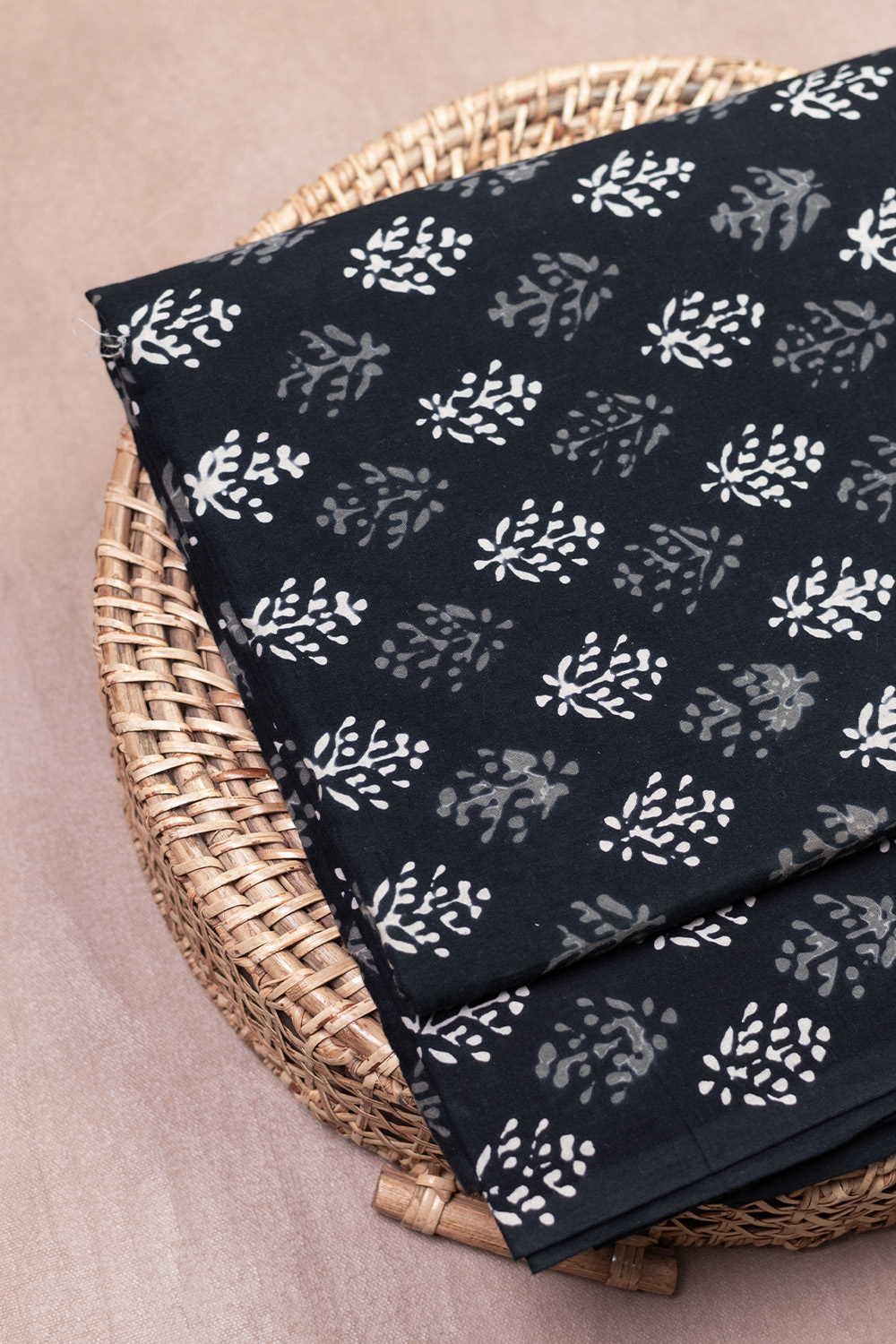 Cream & Grey Motifs Dabu Cotton Fabric