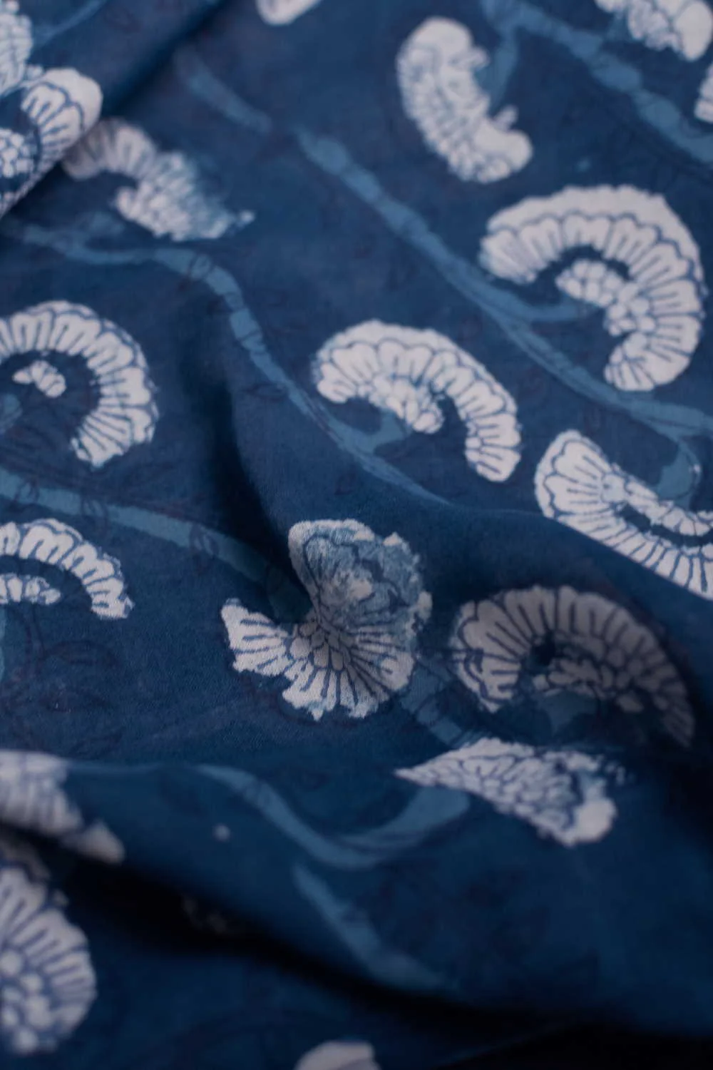Cream Floral on Indigo Dabu Cotton Fabric - Image 3