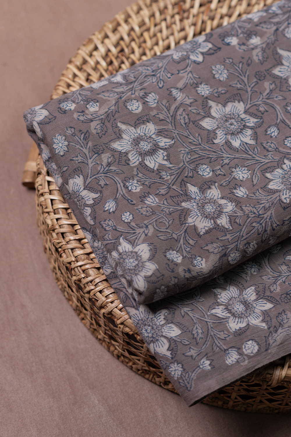 Florals on Grey Dabu Slub Cotton Fabric
