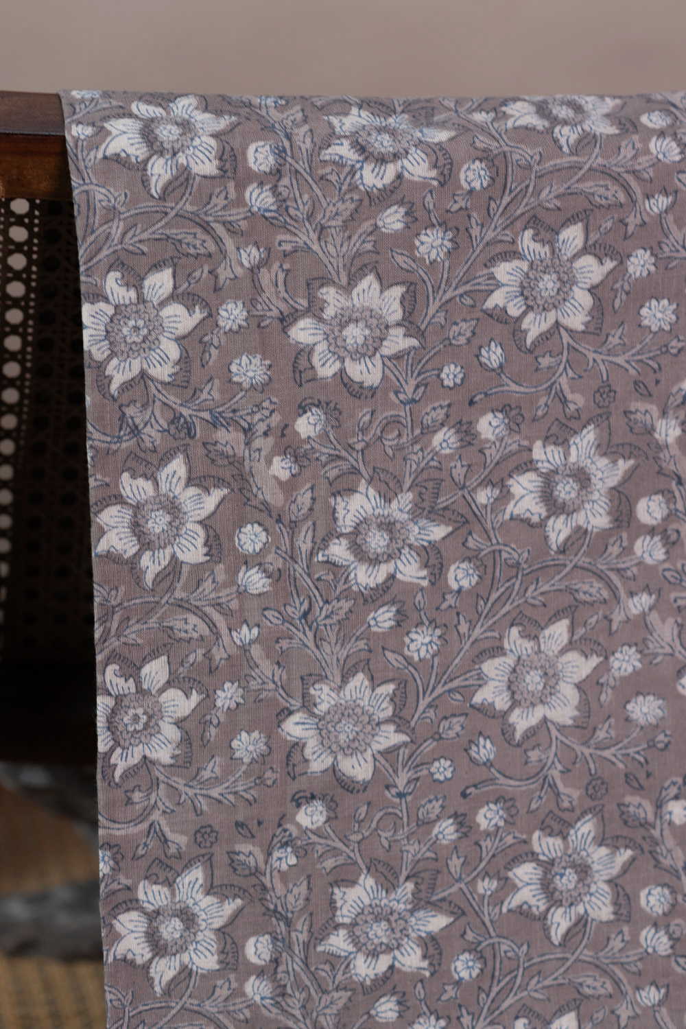 Florals on Grey Dabu Slub Cotton Fabric - Image 2