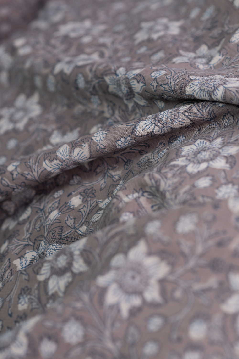 Florals on Grey Dabu Slub Cotton Fabric - Image 3