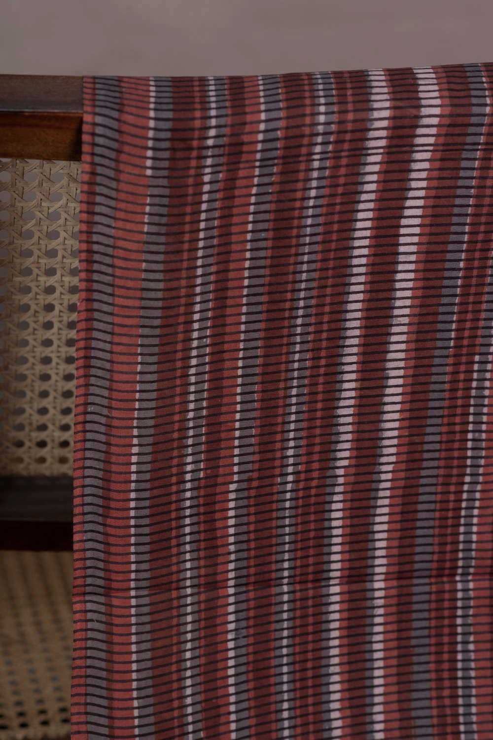 Brown Random Checks Block Printed Cotton Fabric - Image 2