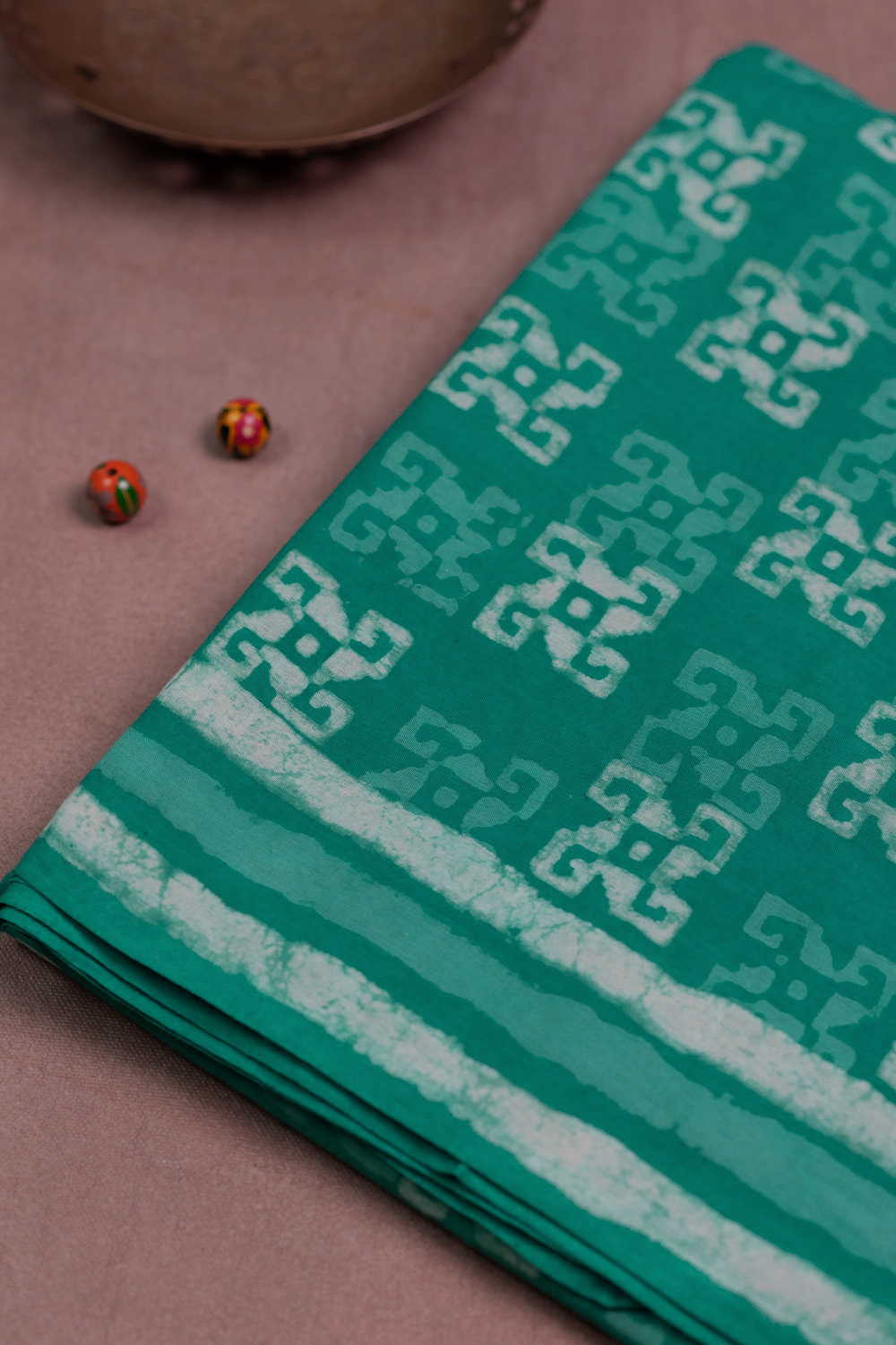 Teal Green Dabu Mul Cotton saree