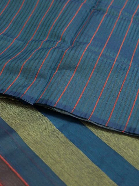 Dark Blue Kora Silk Cotton Saree with veritical stripes - Image 3