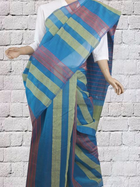 Dark Blue Kora Silk Cotton Saree with veritical stripes - Image 5